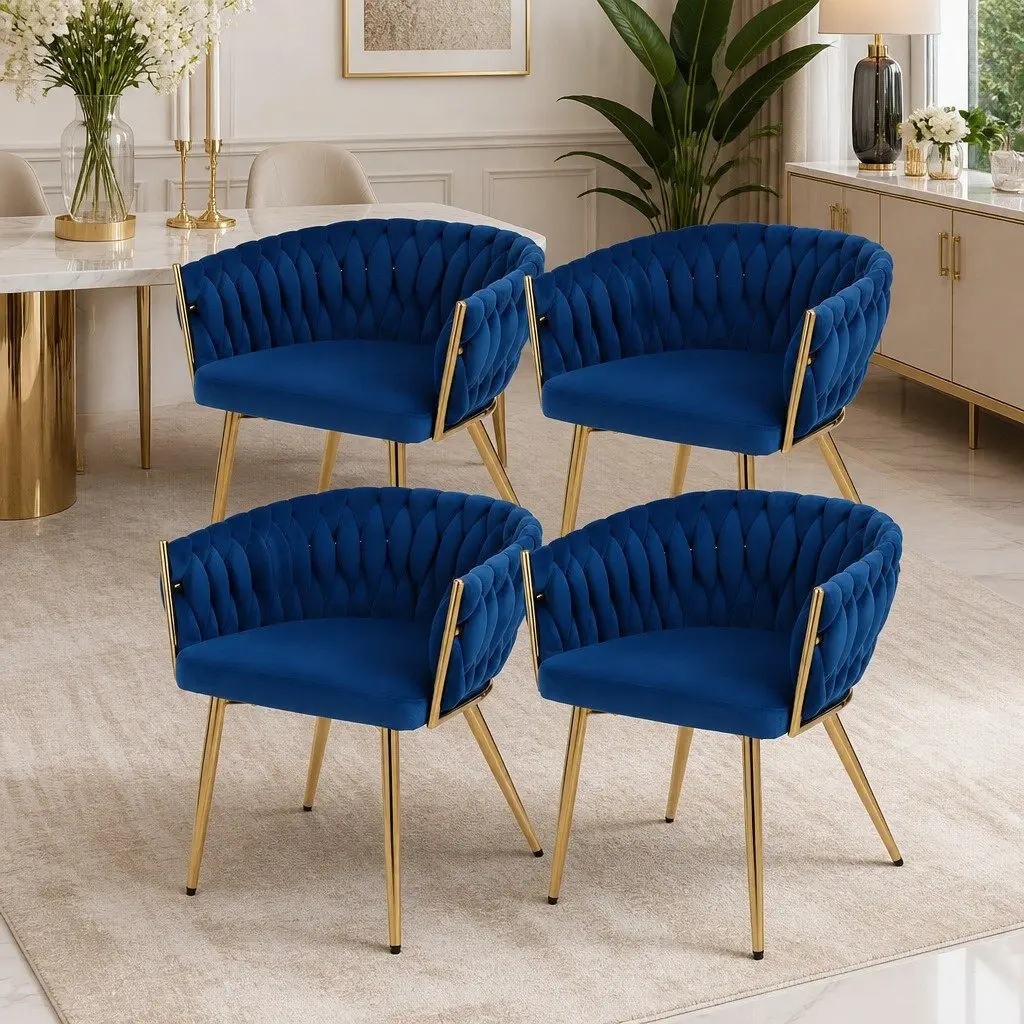 Set of 4 Blue Velvet Dining Chairs Armchair with Cushioned Support and Hand-Woven Backrest for Dining Room and Living Space