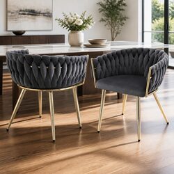 Dining Chairs Set of 2 Grey Velvet Armchair with Steel Legs Kitchen Furniture
