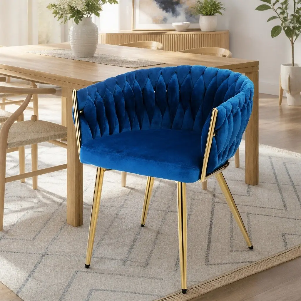 Dining Armchair Velvet Upholstered Hand-Woven Backrest