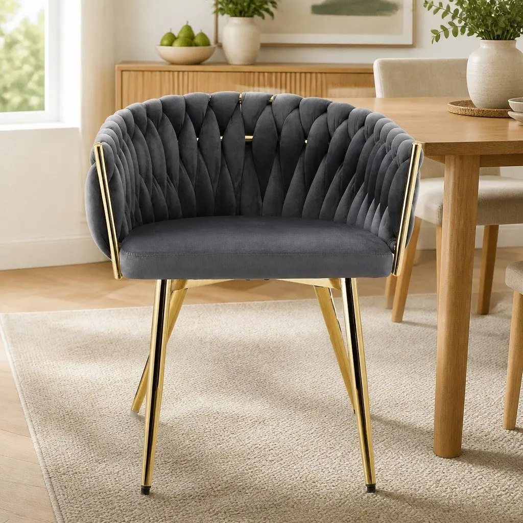 Dining Chair Velvet Grey Armchair Cushioned Back Support Hand-Woven Backrest
