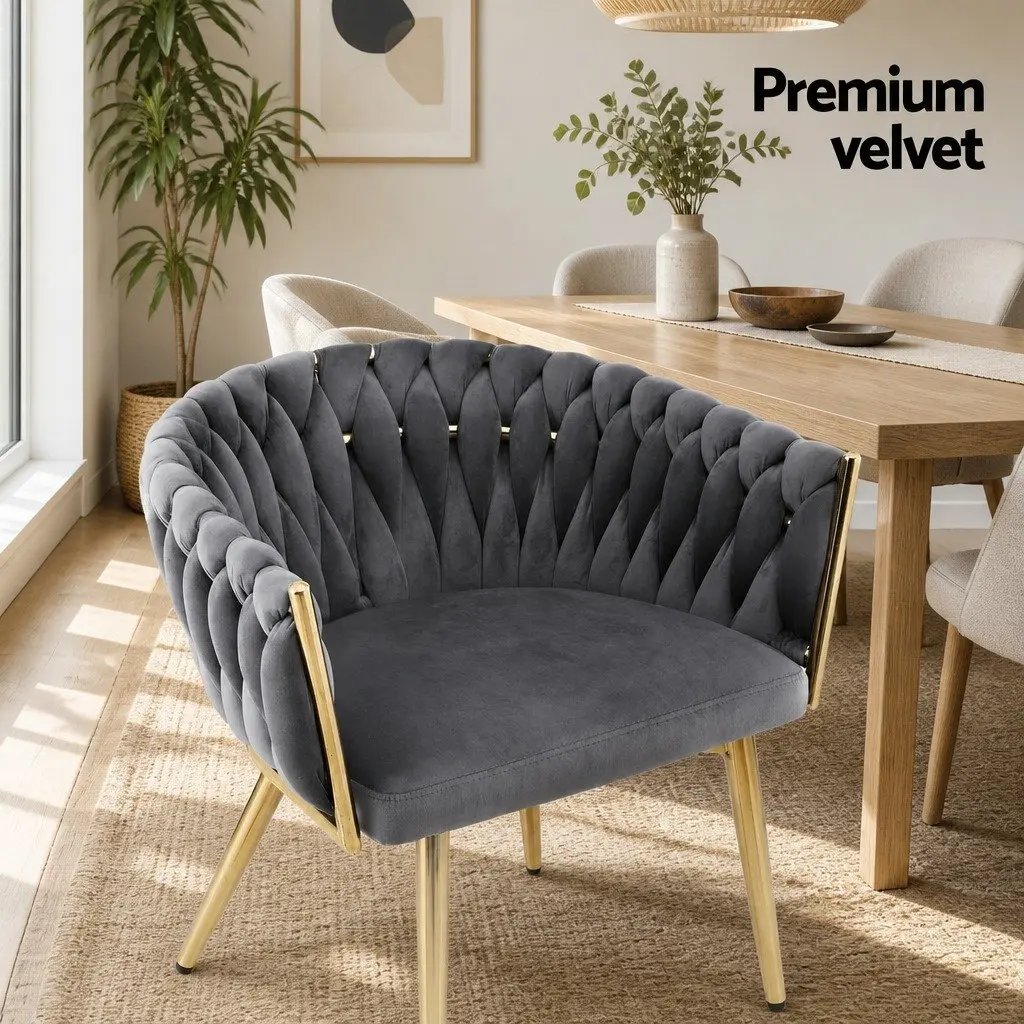Dining Chair Velvet Grey Armchair Cushioned Back Support Hand-Woven Backrest