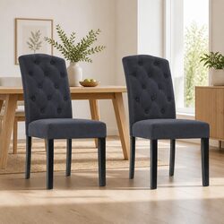 Dining Chairs Set of 2 Linen Parsons Dark Grey Tufted Button Design