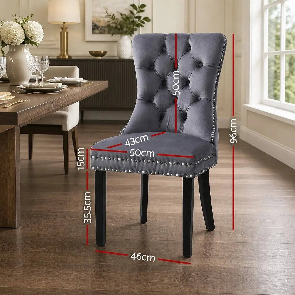 Dining Chairs Set of 2 Grey Velvet Button Tufted Upholstered Kitchen Seating