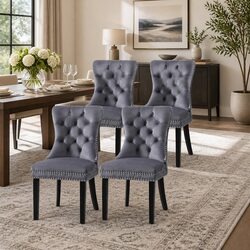 Set of 4 Stylish Grey Velvet Button Tufted Dining Chairs