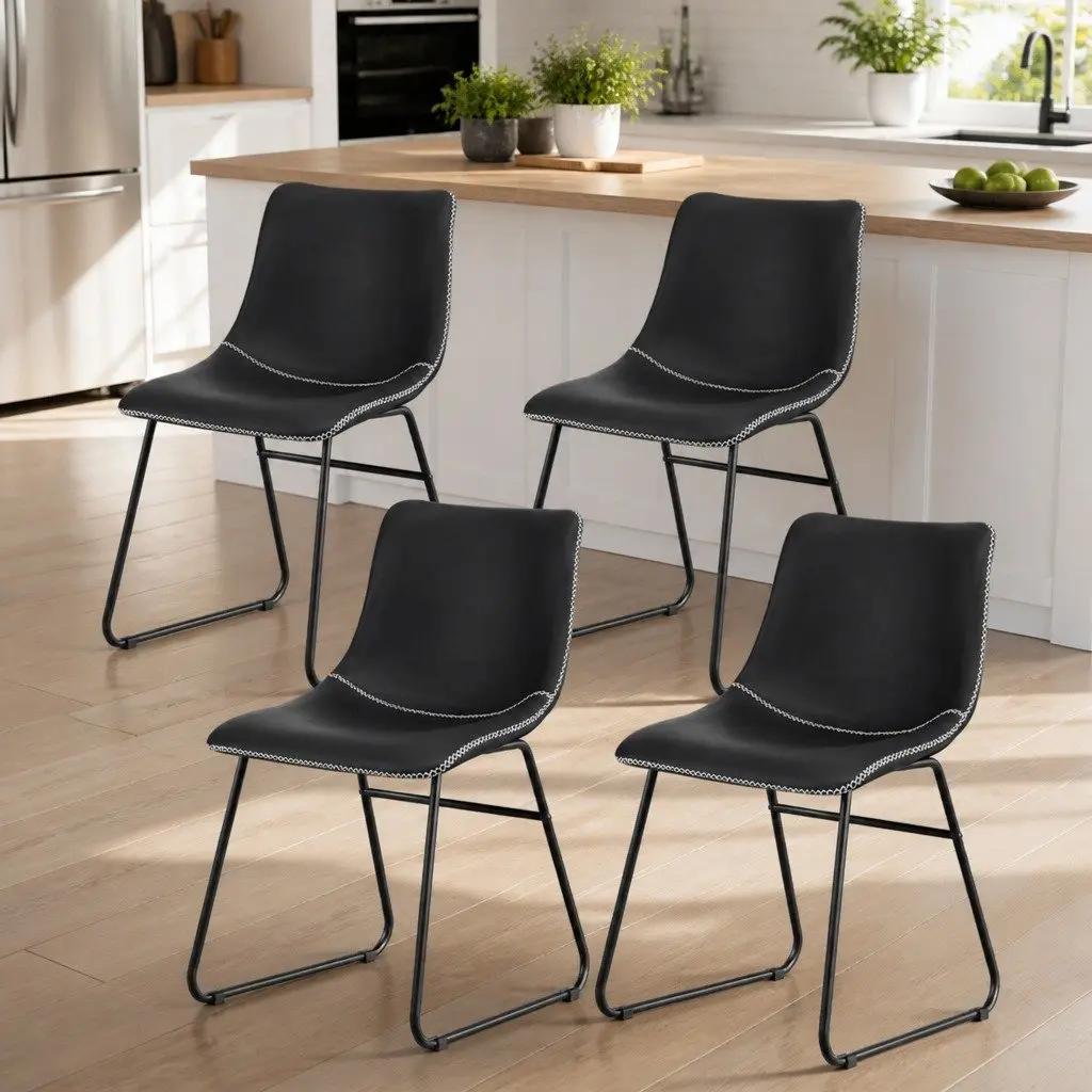 Dining Chairs Set of 4 Retro Black Accent Ergonomic Curved Backrest Padded Seat Sled Legs