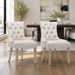 Pair of French Provincial Tufted Beige Linen Dining Chairs