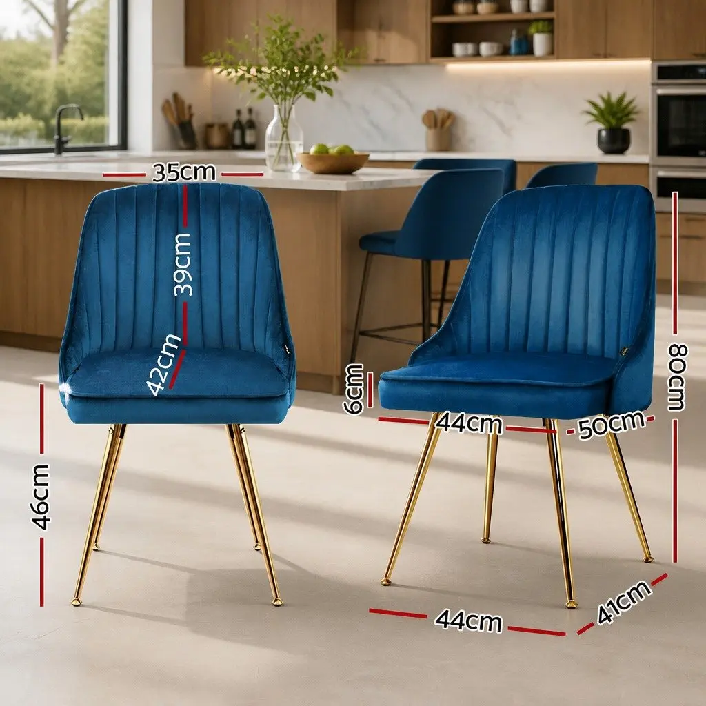 Dining Chairs Set of 2 Blue Velvet Channel Tufted with Metal Legs