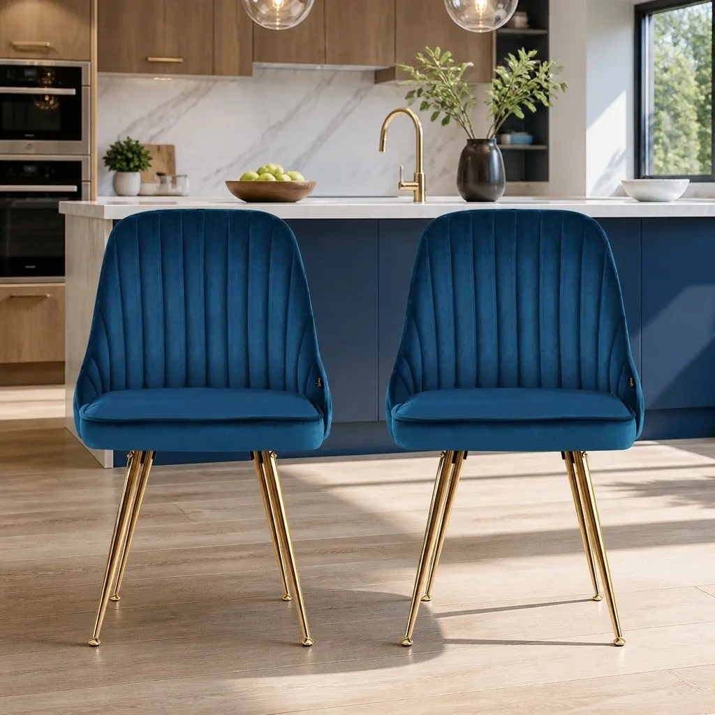 Dining Chairs Set of 2 Blue Velvet Channel Tufted with Metal Legs