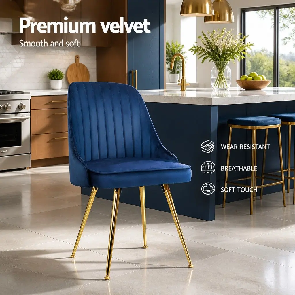 Dining Chairs Set of 2 Blue Velvet Channel Tufted with Metal Legs