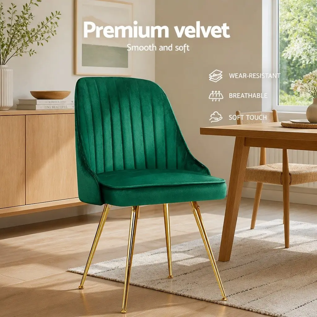 Dining Chairs Set of 2 Velvet Channel Tufted Green Scallop Shell Back Metal Legs