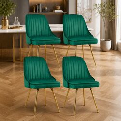 Dining Chairs Set of 4 Velvet Channel Tufted Green Scallop Shell Back Metal Legs