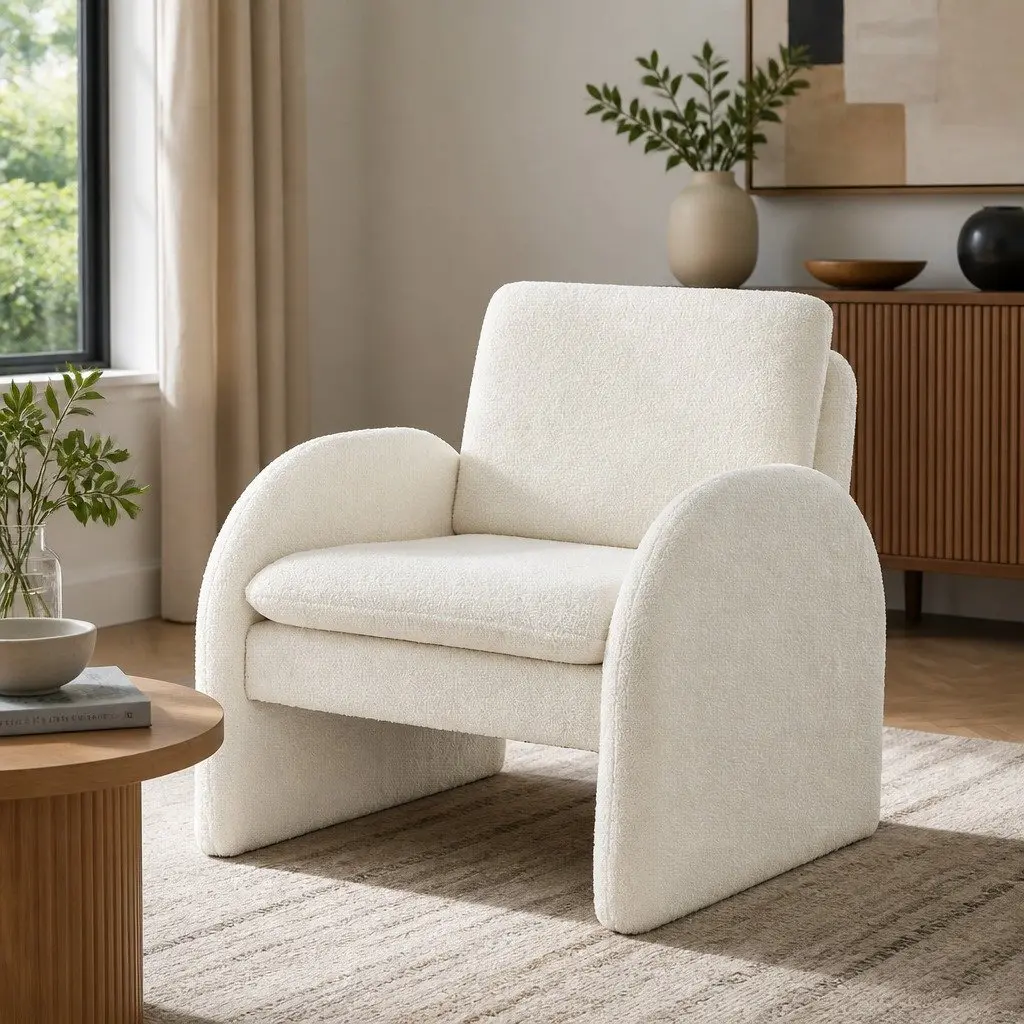 Armchair Curved Arm Soft Boucle Upholstery White