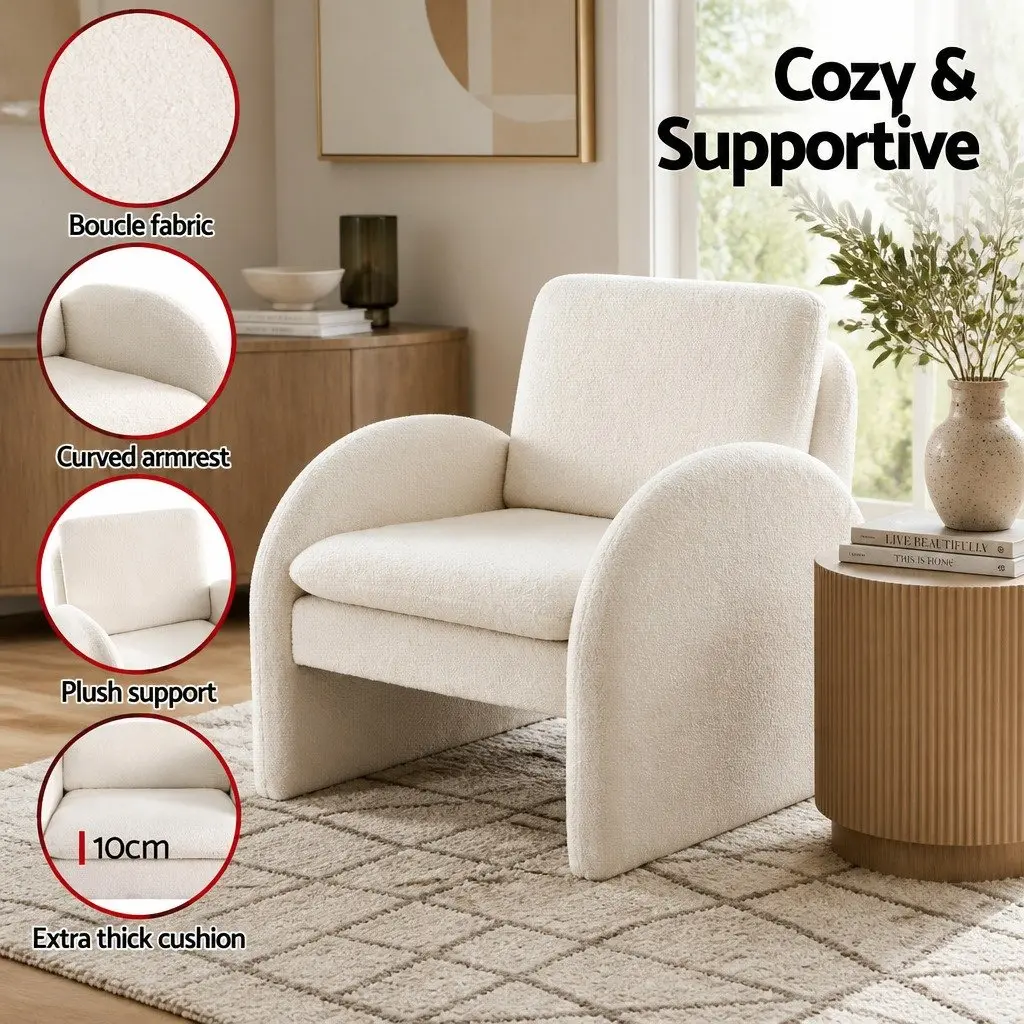 Armchair Curved Arm Soft Boucle Upholstery White