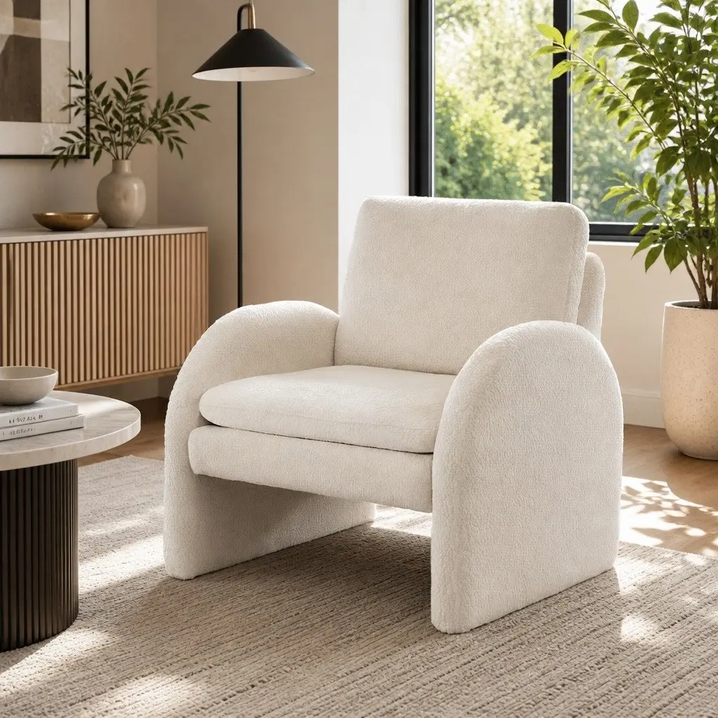 Armchair Curved Arm Soft Boucle Upholstery White