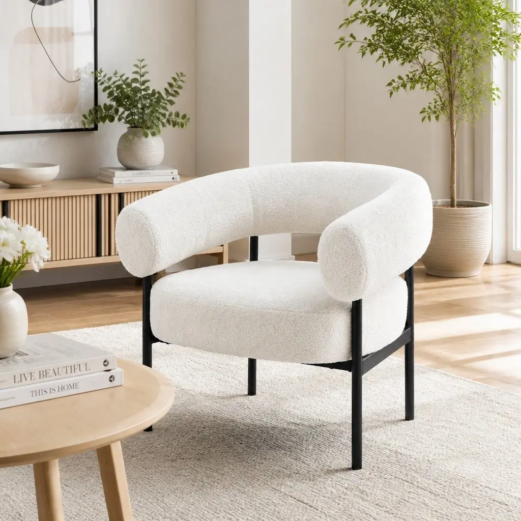 Armchair Accent Chair Curved Boucle White Modern Living Room Seating