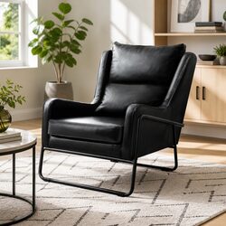 Stylish Black PU Leather Wingback Armchair with Metal Base