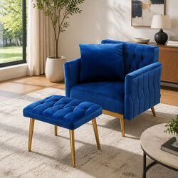 Comfortable Velvet Armchair with Ottoman in Blue