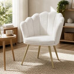 Armchair Teddy Fleece White Shell Back Accent Chair Wooden Frame Metal Legs