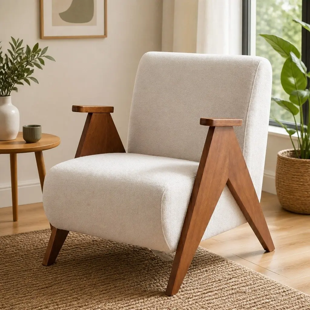 Armchair Upholstered Chenille Fabric Sturdy Wood Frame Living Room