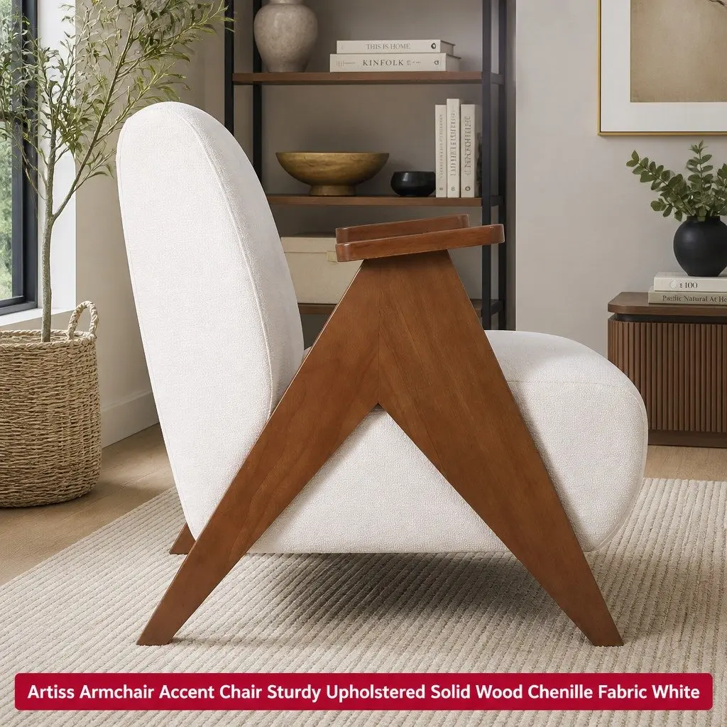 Armchair Upholstered Chenille Fabric Sturdy Wood Frame Living Room