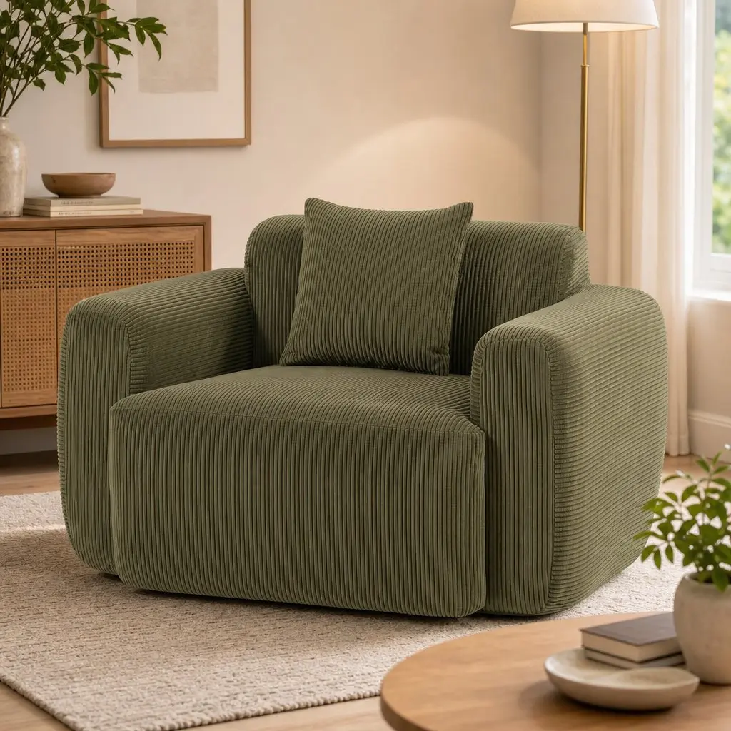 Armchair Sofa Green Corduroy Upholstery High-Density Foam Padding No Assembly Required