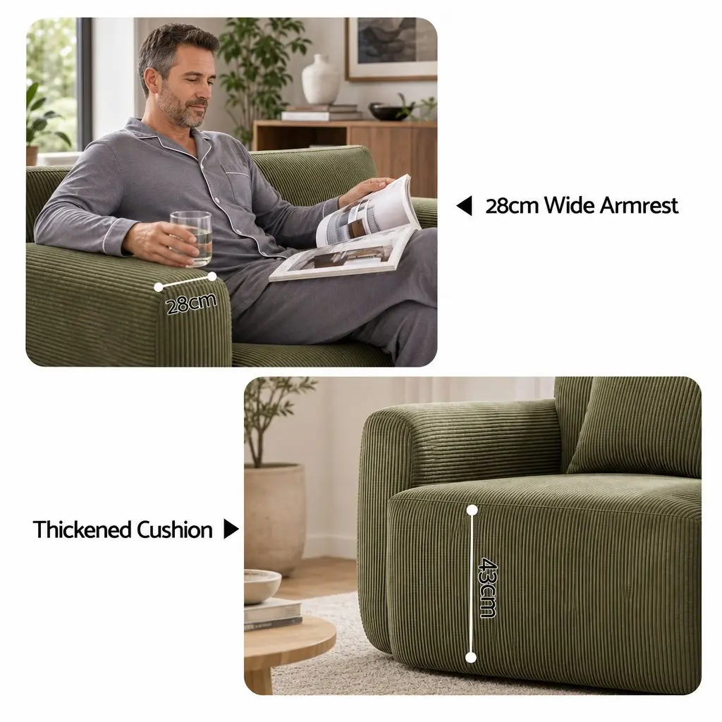 Armchair Sofa Green Corduroy Upholstery High-Density Foam Padding No Assembly Required