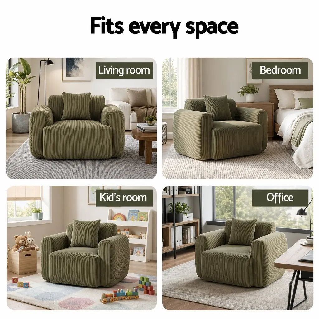 Armchair Sofa Green Corduroy Upholstery High-Density Foam Padding No Assembly Required
