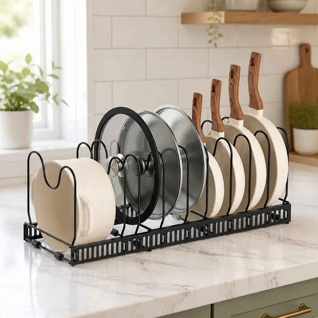 Expandable Pots and Pans Organizer Rack Adjustable Base 10 Dividers for Kitchen Cabinet Storage