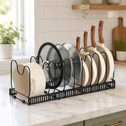 Expandable Pots and Pans Organizer Rack Kitchen Cabinet Cookware Holder Storage