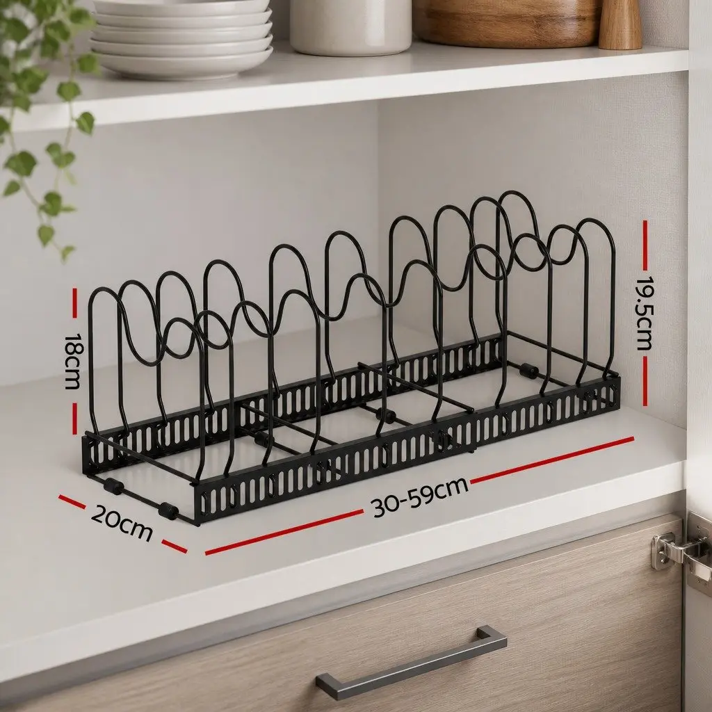 Expandable Pots and Pans Organizer Rack Adjustable Base 10 Dividers for Kitchen Cabinet Storage