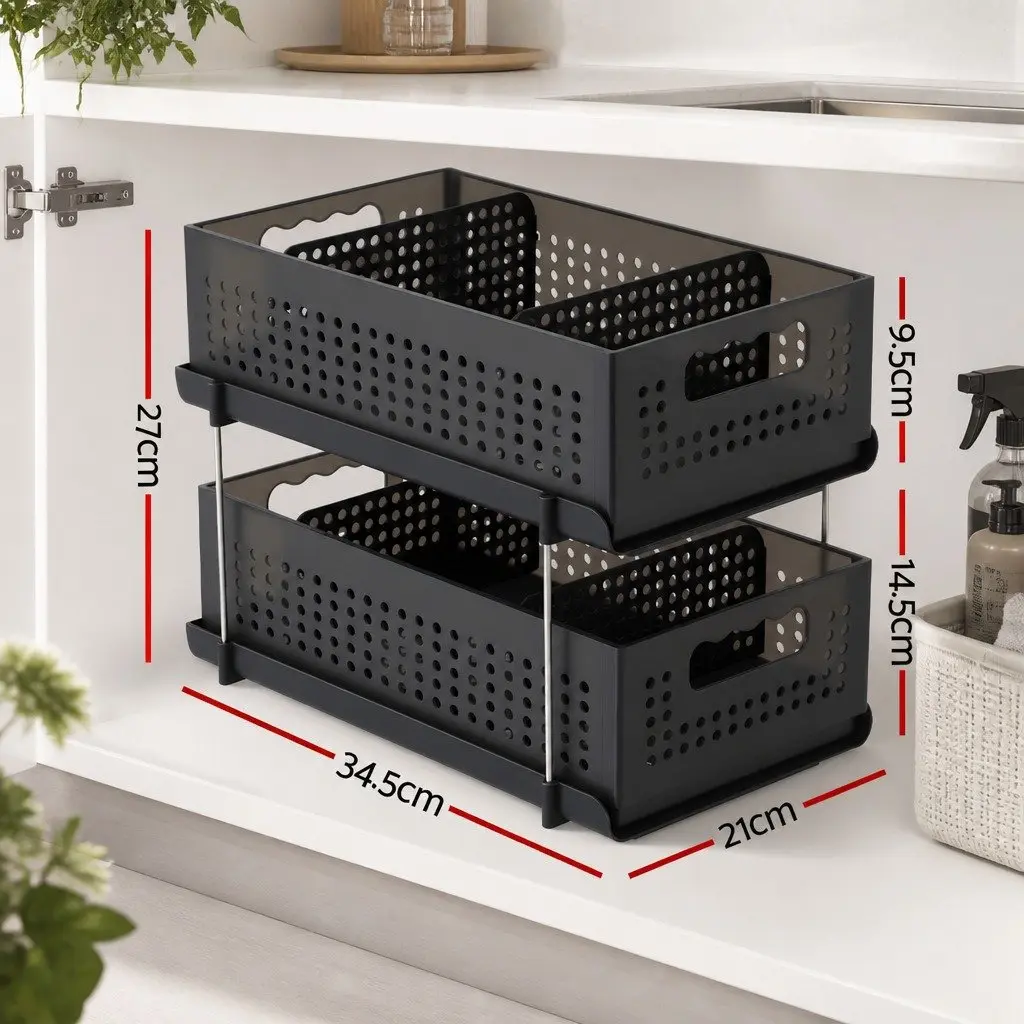 Under Sink Organizer 2 Tier 21cm Width Pull Out Drawer Removable Baskets Divider Black
