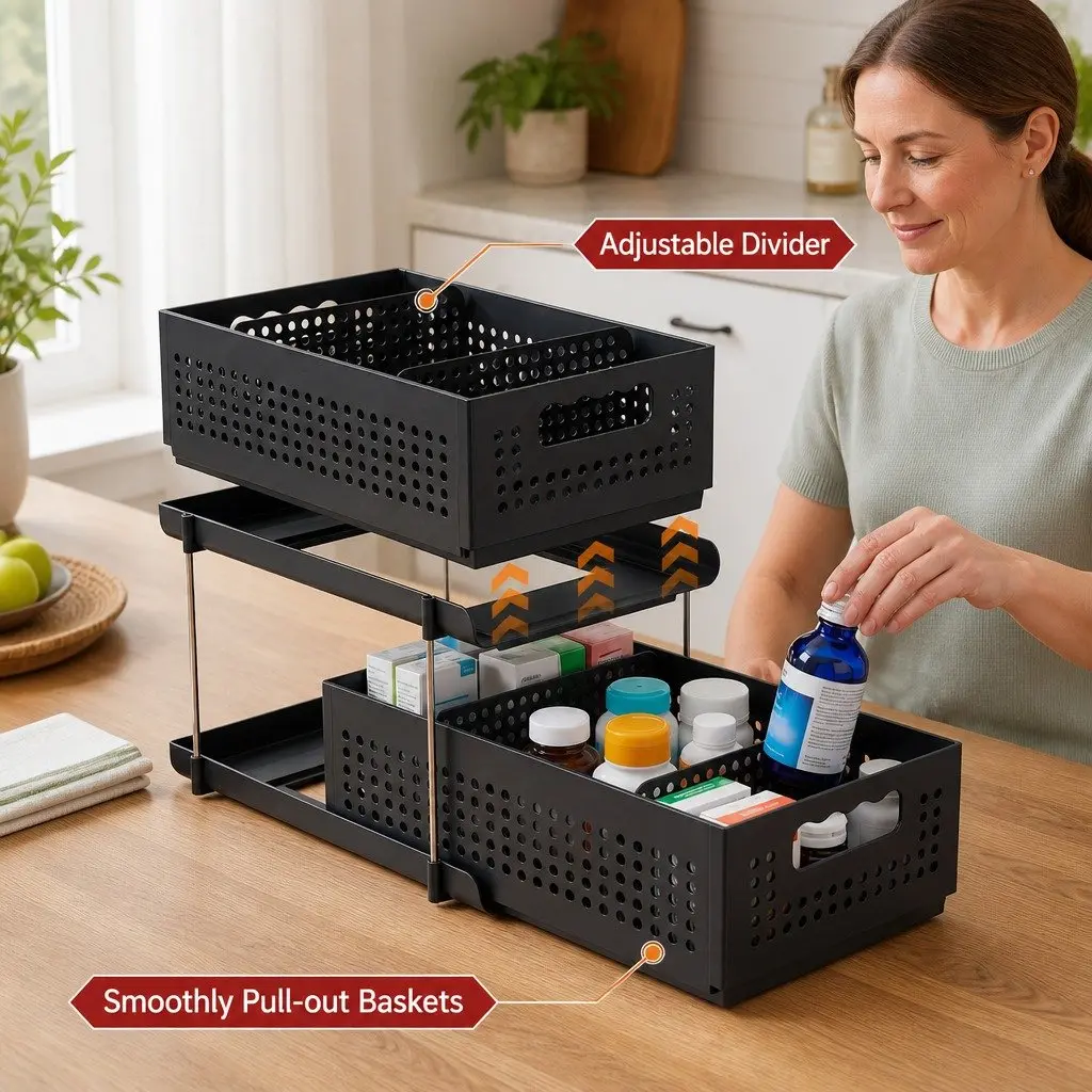 Under Sink Organizer 2 Tier 21cm Width Pull Out Drawer Removable Baskets Divider Black