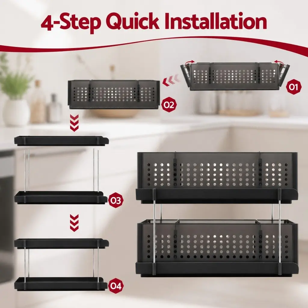 Under Sink Organizer 2 Tier 21cm Width Pull Out Drawer Removable Baskets Divider Black