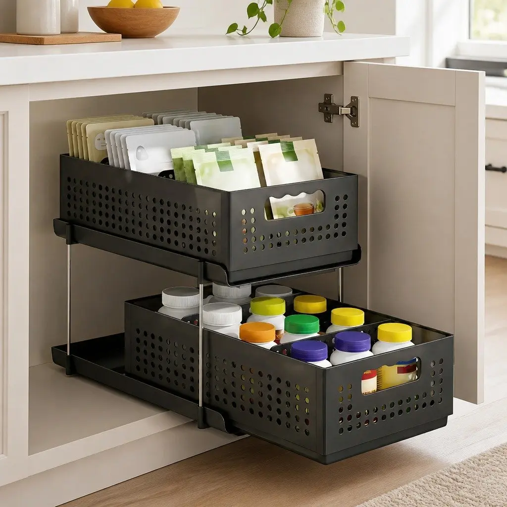 Under Sink Organizer 2 Tier 21cm Width Pull Out Drawer Removable Baskets Divider Black