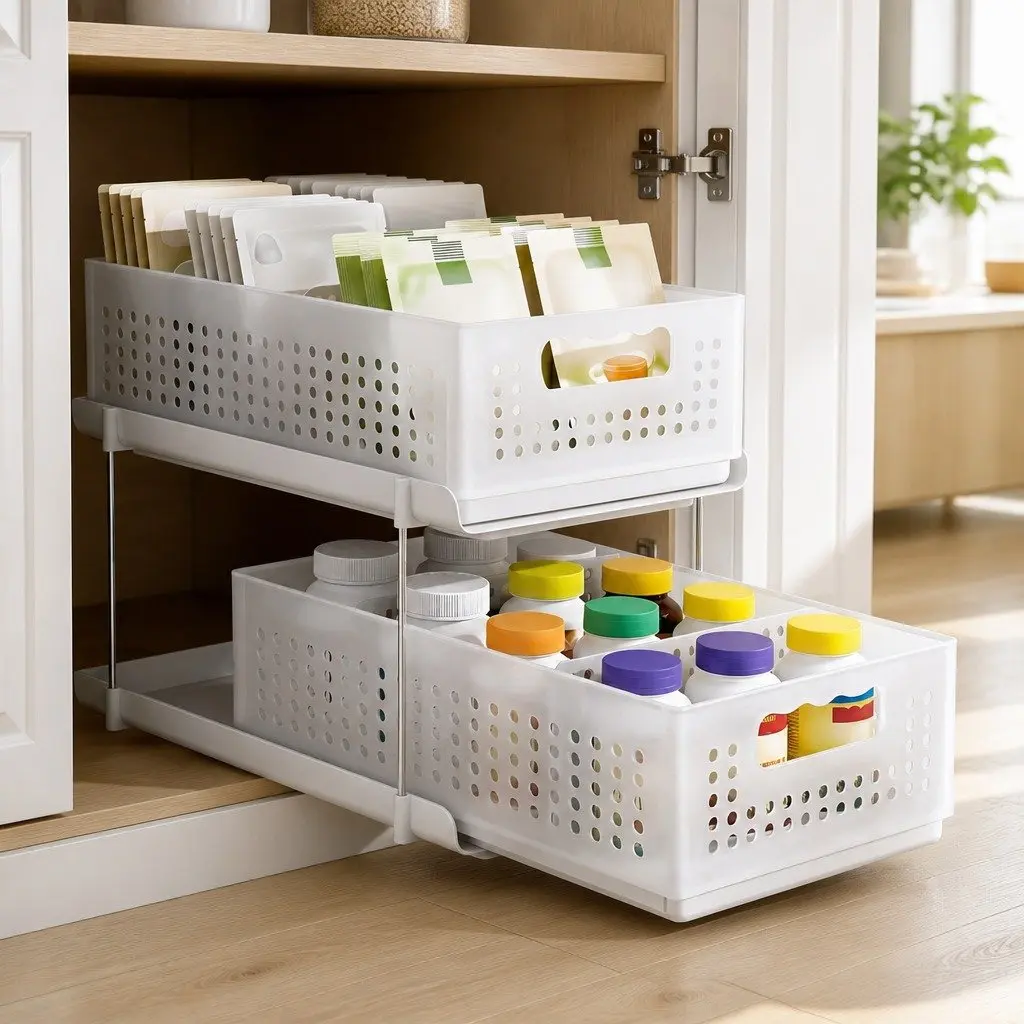 Under Sink Organizer 2 Tier Removable Baskets Adjustable Dividers White