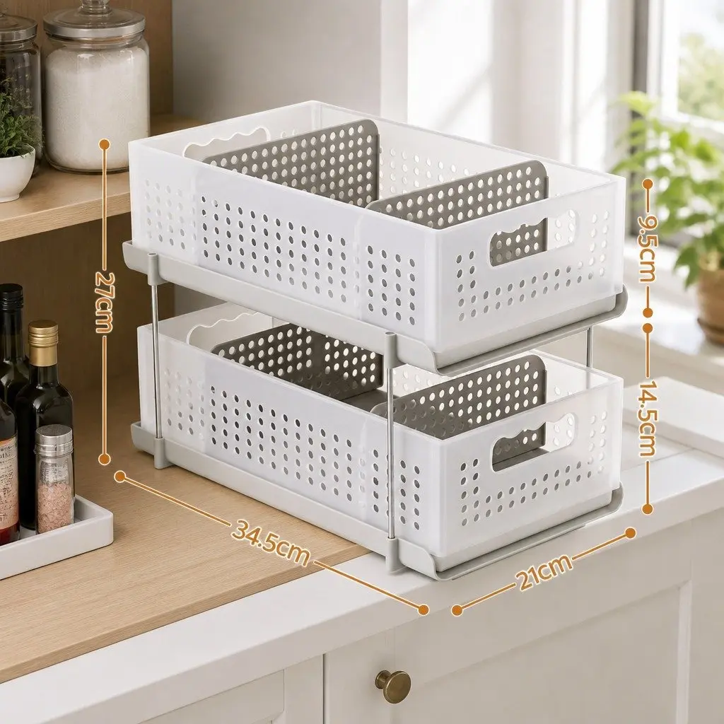 Under Sink Organizer 2 Tier Removable Baskets Adjustable Dividers White