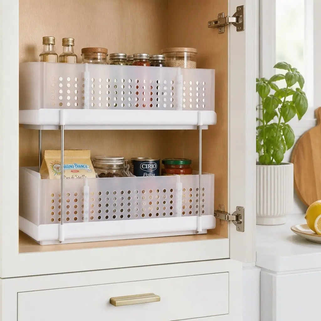 Under Sink Organizer 2 Tier Removable Baskets Adjustable Dividers White
