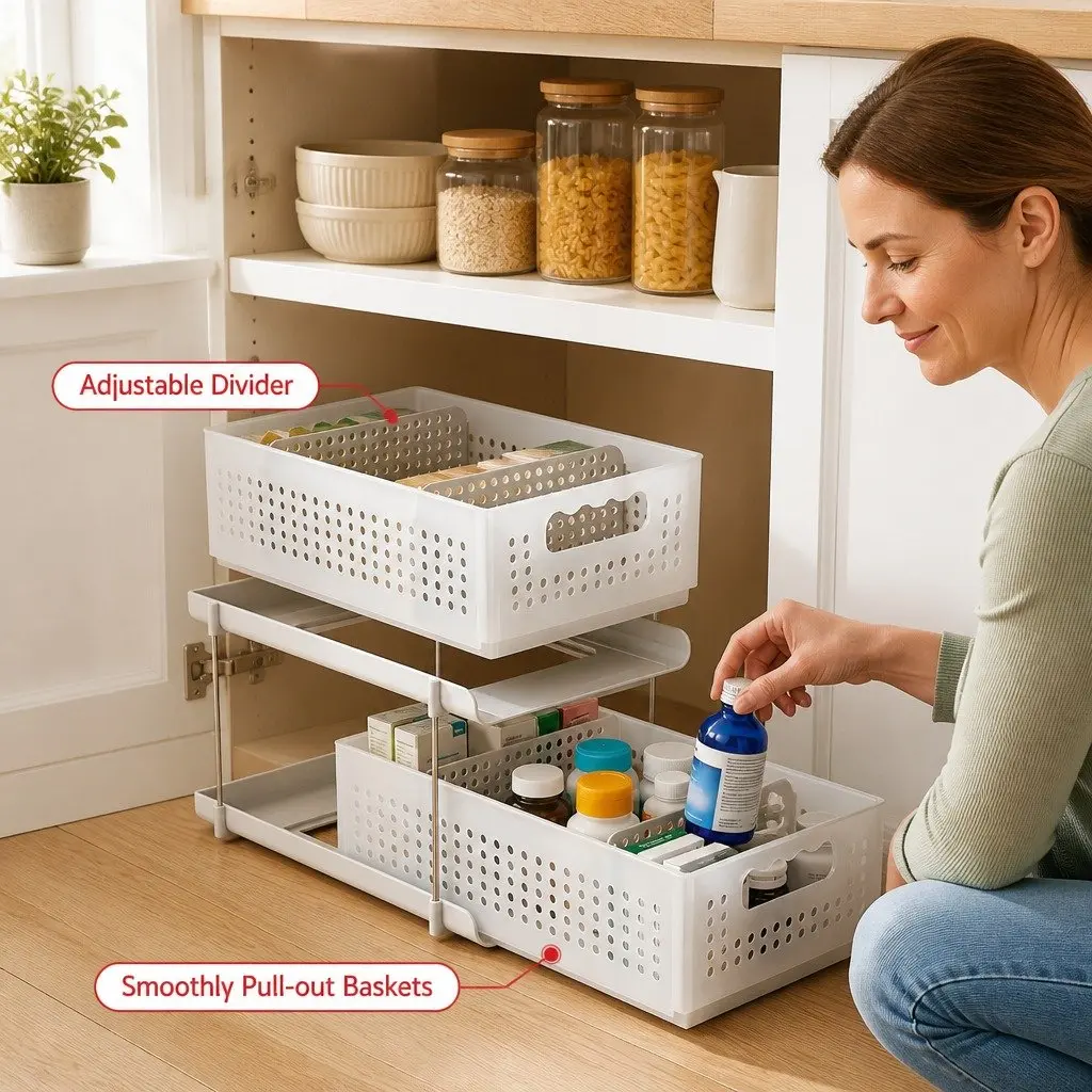 Under Sink Organizer 2 Tier Removable Baskets Adjustable Dividers White