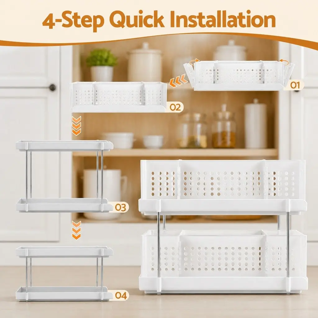 Under Sink Organizer 2 Tier Removable Baskets Adjustable Dividers White