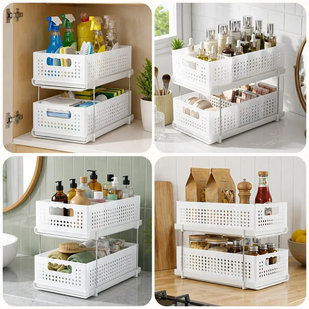 Under Sink Organizer 2 Tier Removable Baskets Adjustable Dividers White