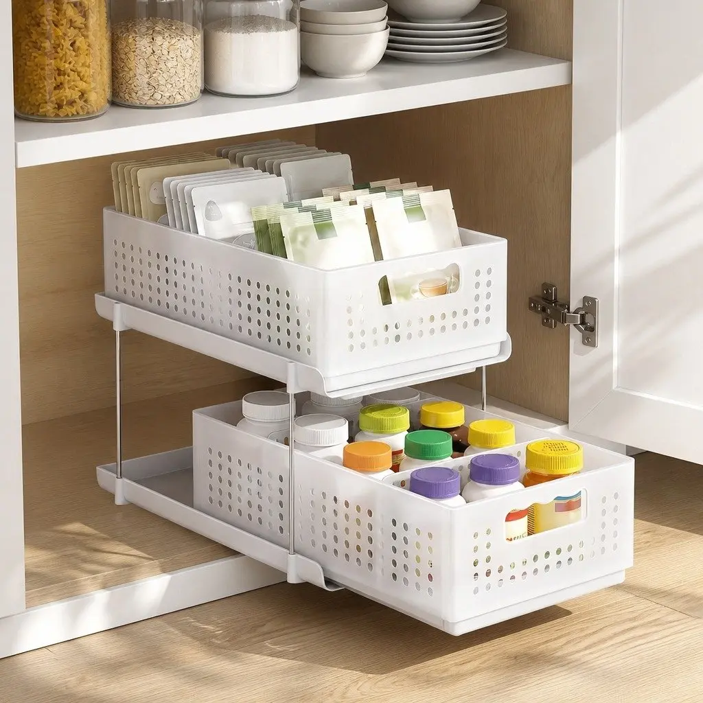 Under Sink Organizer 2 Tier Removable Baskets Adjustable Dividers White