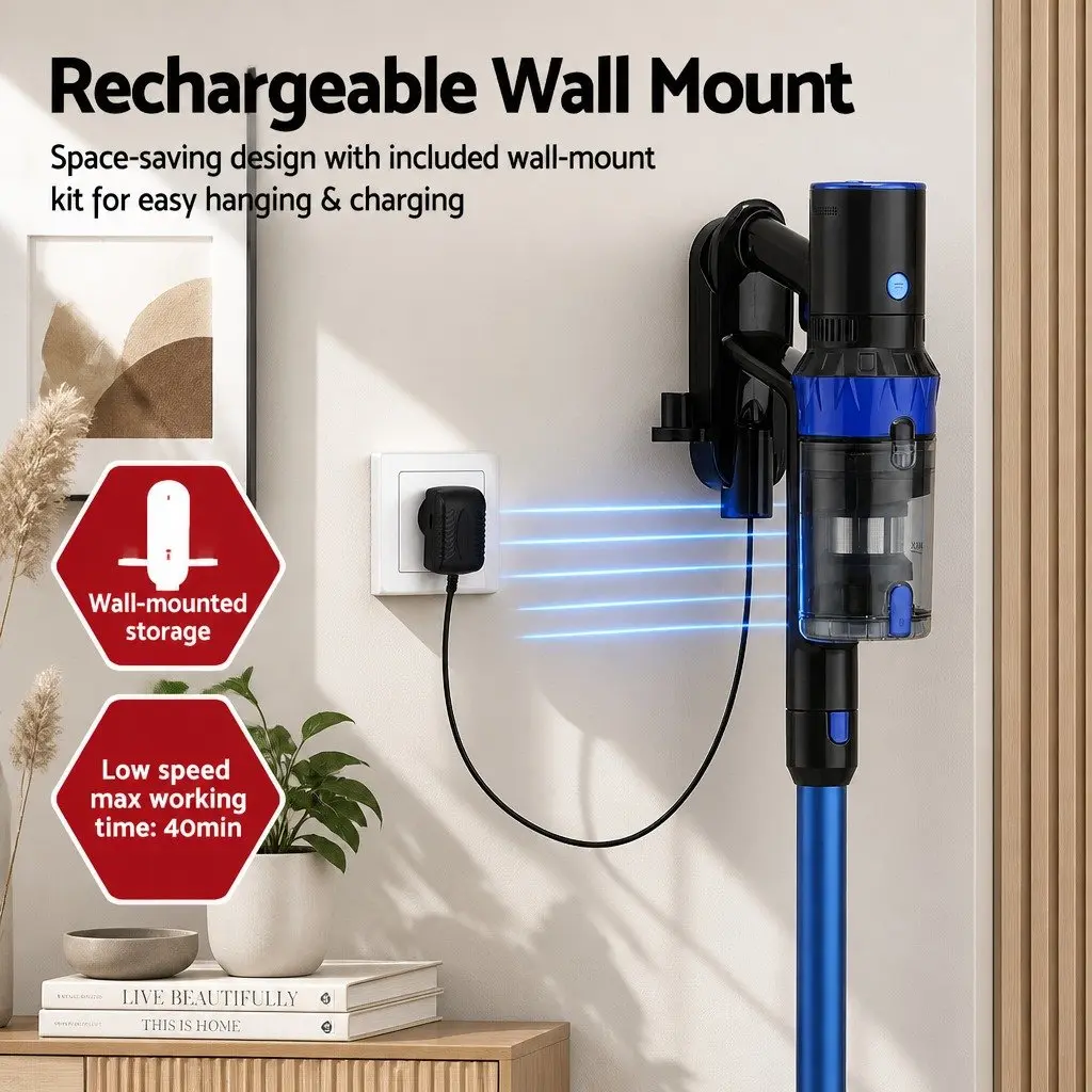 Cordless Stick Vacuum Cleaner 350W Brushless Motor Bagless with 22KPa Suction and Adjustable Two-Speed Modes Blue