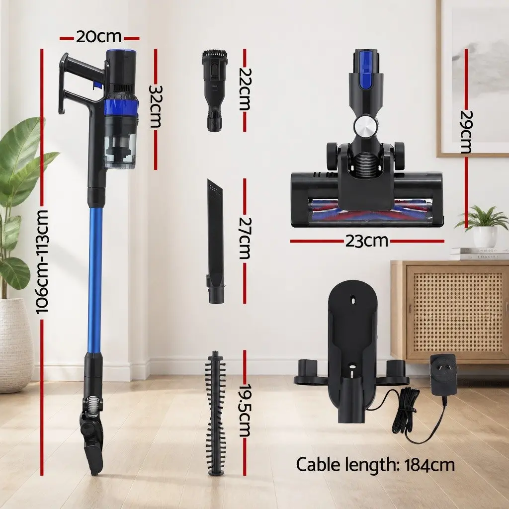 Cordless Stick Vacuum Cleaner 350W Brushless Motor Bagless with 22KPa Suction and Adjustable Two-Speed Modes Blue