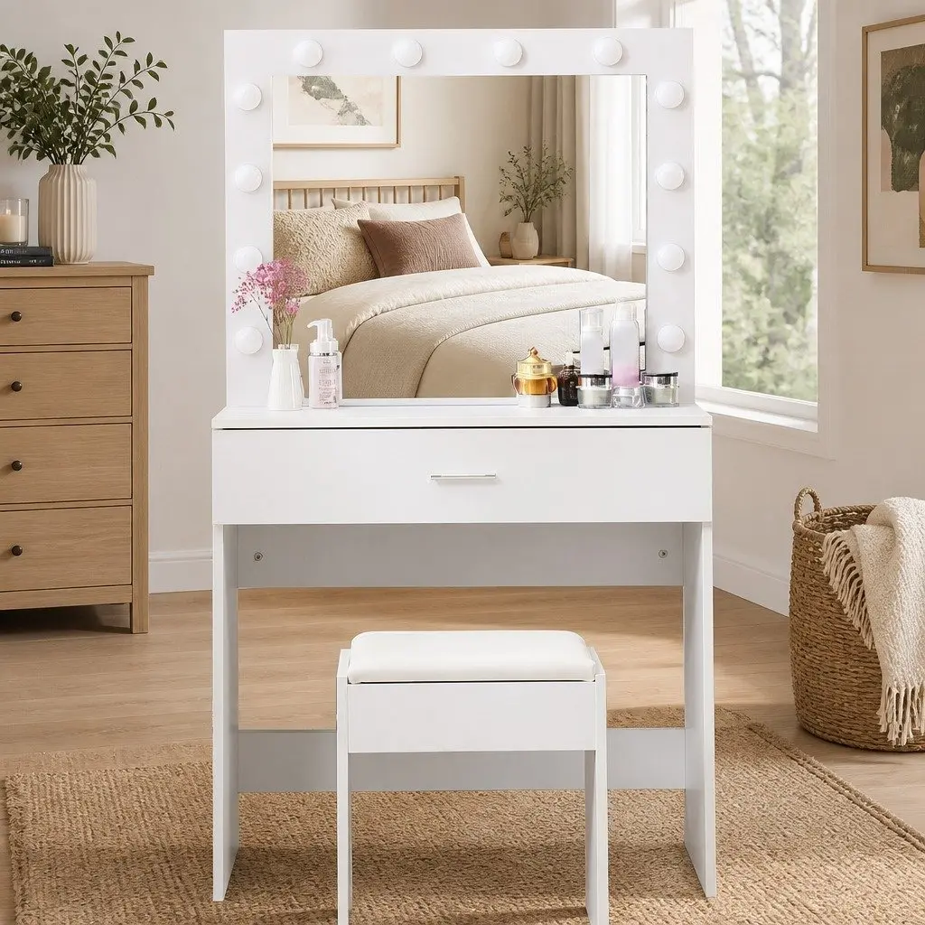 Dressing Table Set with LED Mirror White Makeup Vanity Stool Storage Drawers