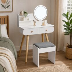 Dressing Table with LED Mirror Stool Vanity Makeup Desk 2 Drawers Shelves White