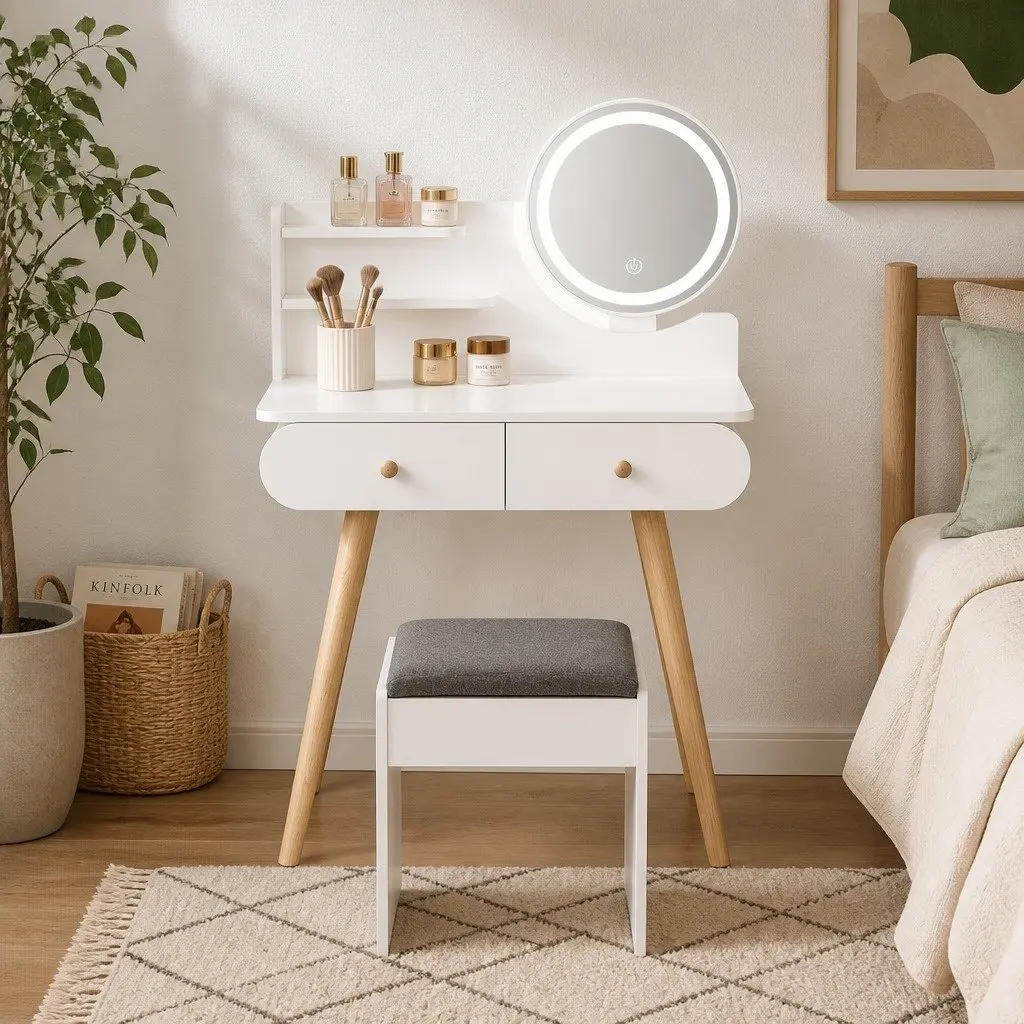 Dressing Table White with Round LED Mirror Padded Stool 2 Drawers 2 Shelves for Makeup Organization