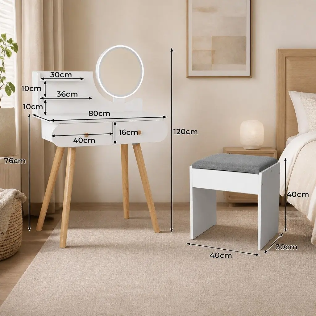 Dressing Table White with Round LED Mirror Padded Stool 2 Drawers 2 Shelves for Makeup Organization