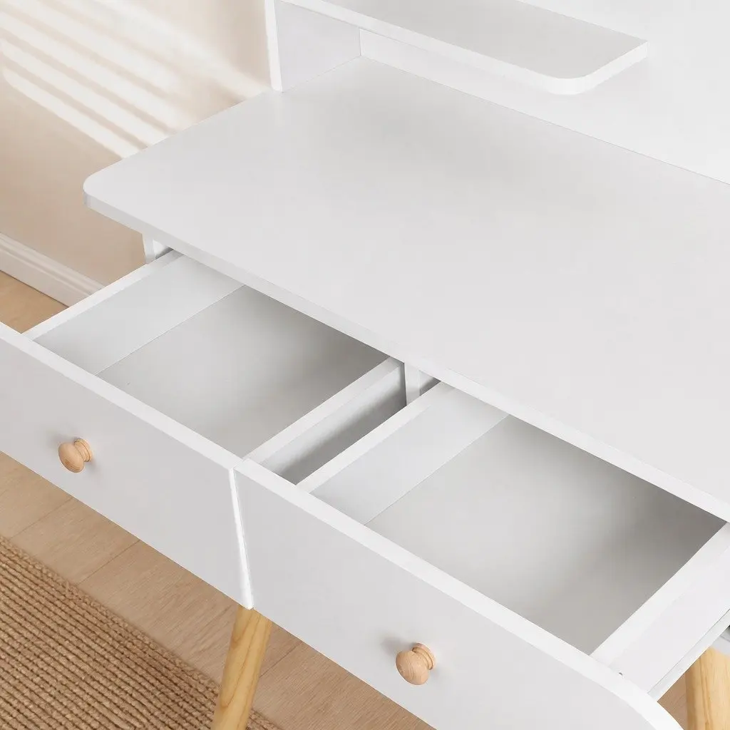 Dressing Table White with Round LED Mirror Padded Stool 2 Drawers 2 Shelves for Makeup Organization