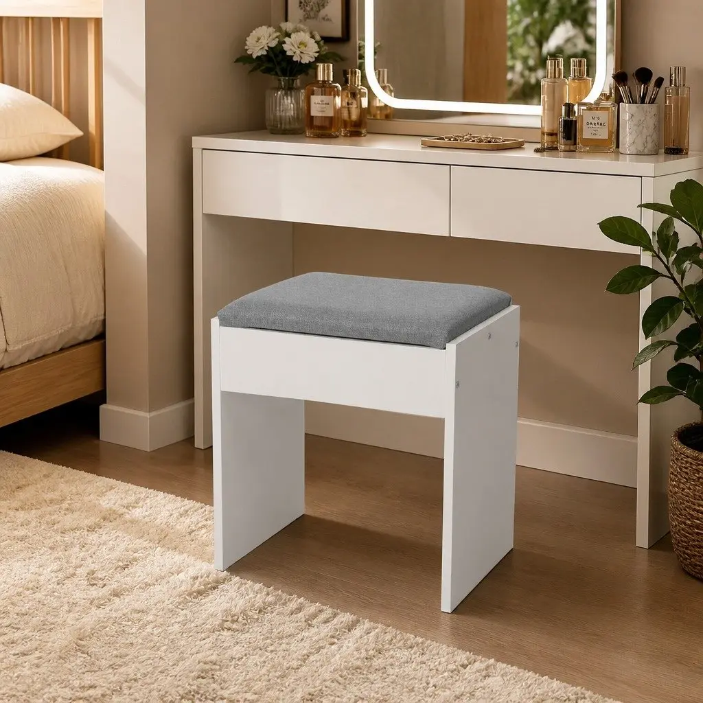 Dressing Table White with Round LED Mirror Padded Stool 2 Drawers 2 Shelves for Makeup Organization