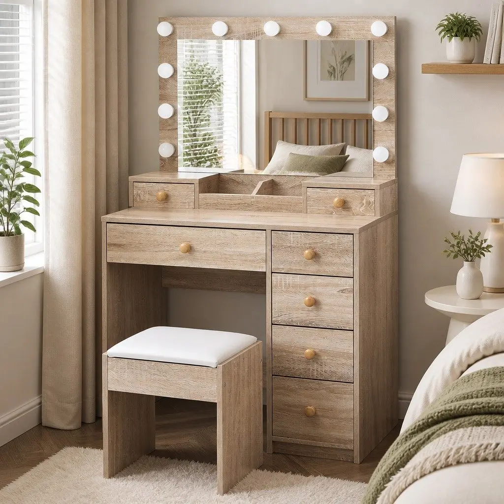 Dressing Table Set Oak 11 LED Bulbs Adjustable Brightness USB Powered with Stool and Storage Drawers